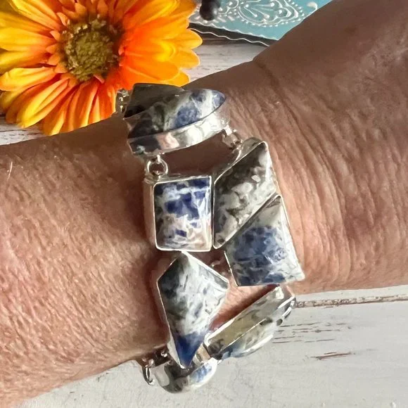 Sodalite Bracelet Handmade Stone Gemstone 925 Silver Large Ethnic Bohemian New!